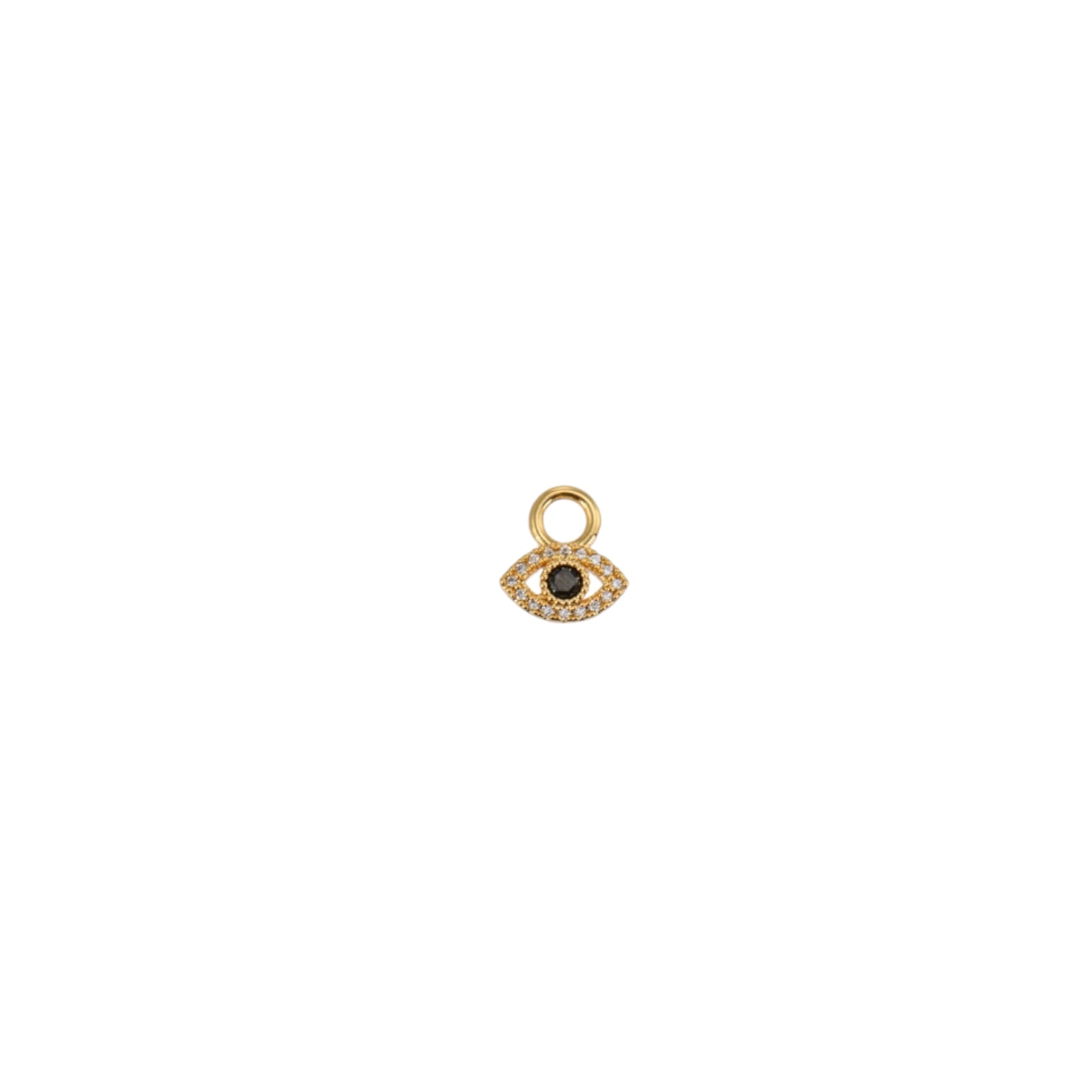 Sabrina Charm, 18k gold plated brass pendant featuring an eye design with a central black stone, elegant jewelry accessory.