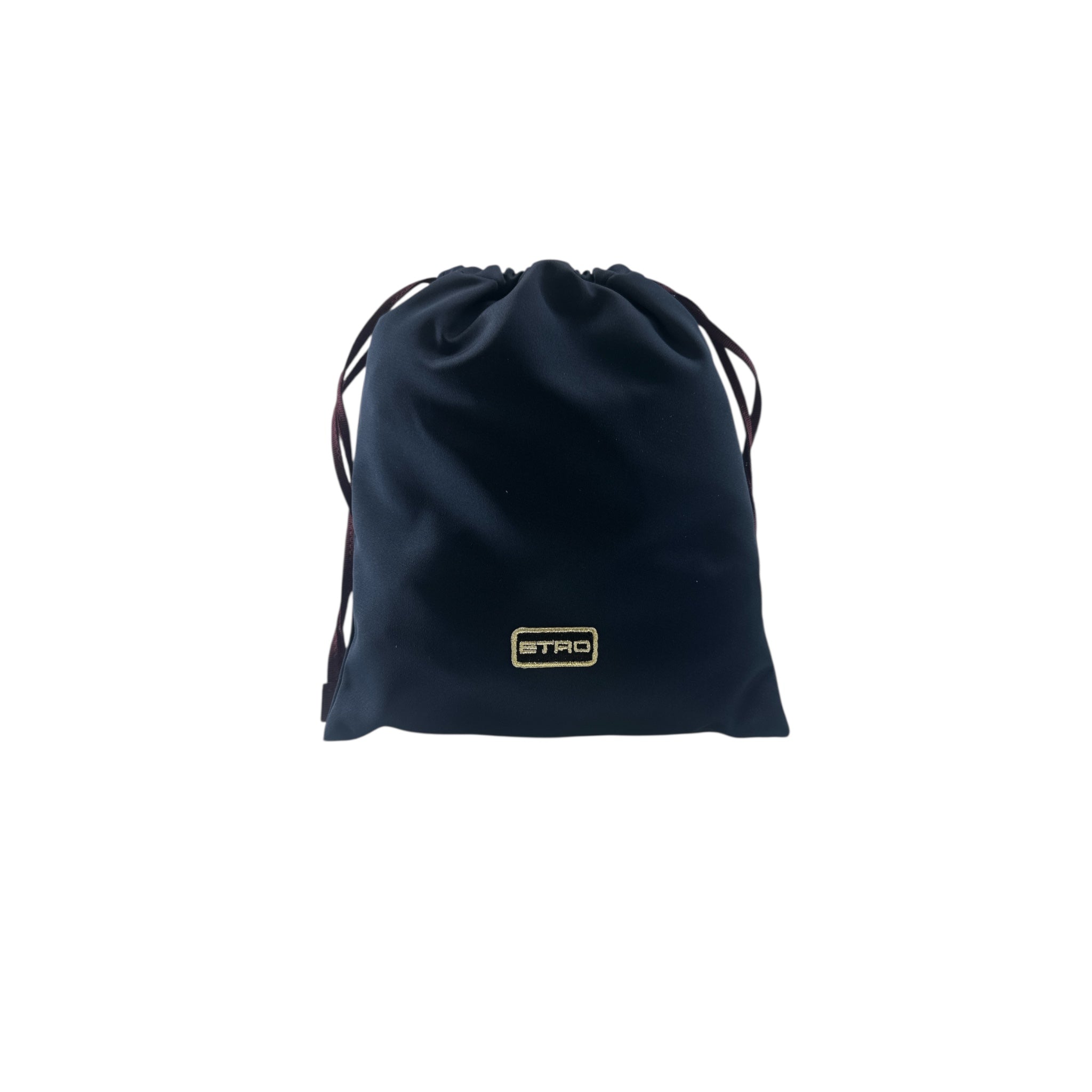 Sacchettino Elegante in tessuto nero con chiusura a cordoncino, ideale per organizzare accessori e prodotti di bellezza.