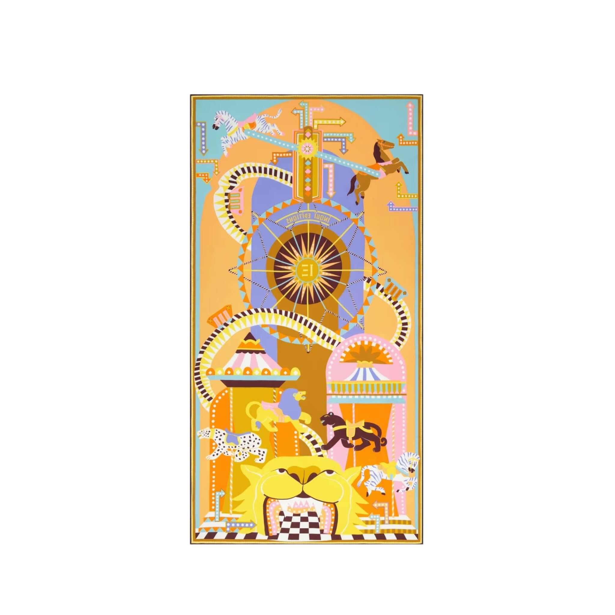 Sciarpa Rollercoaster stampata a mano con colori vivaci e design ispirato alle montagne russe e animali, 30° lavaggio.