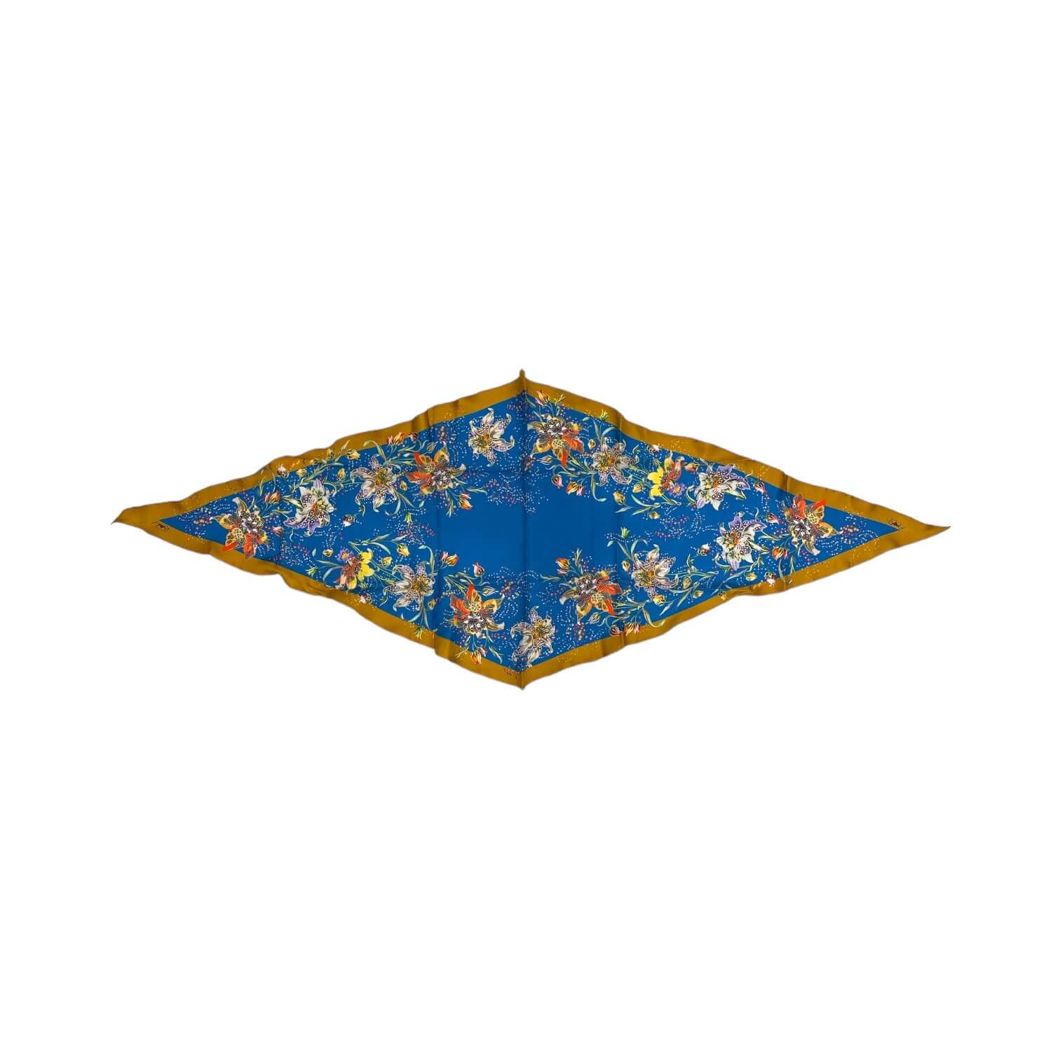 Sciarpa trapezio in seta blu con motivo floreale colorato, elegante e versatile per ogni stagione.