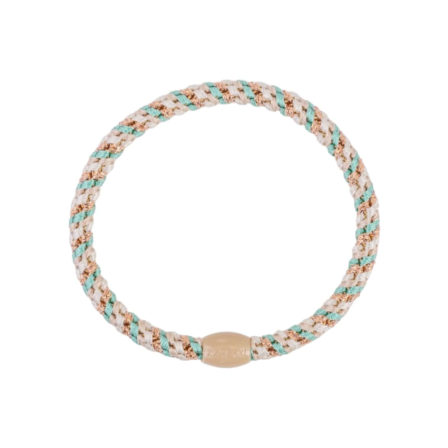 Slim Mix Turkish Glitter elastic hair tie made of polyester and rubber, featuring turquoise and rose gold glitter for stylish hair styling.