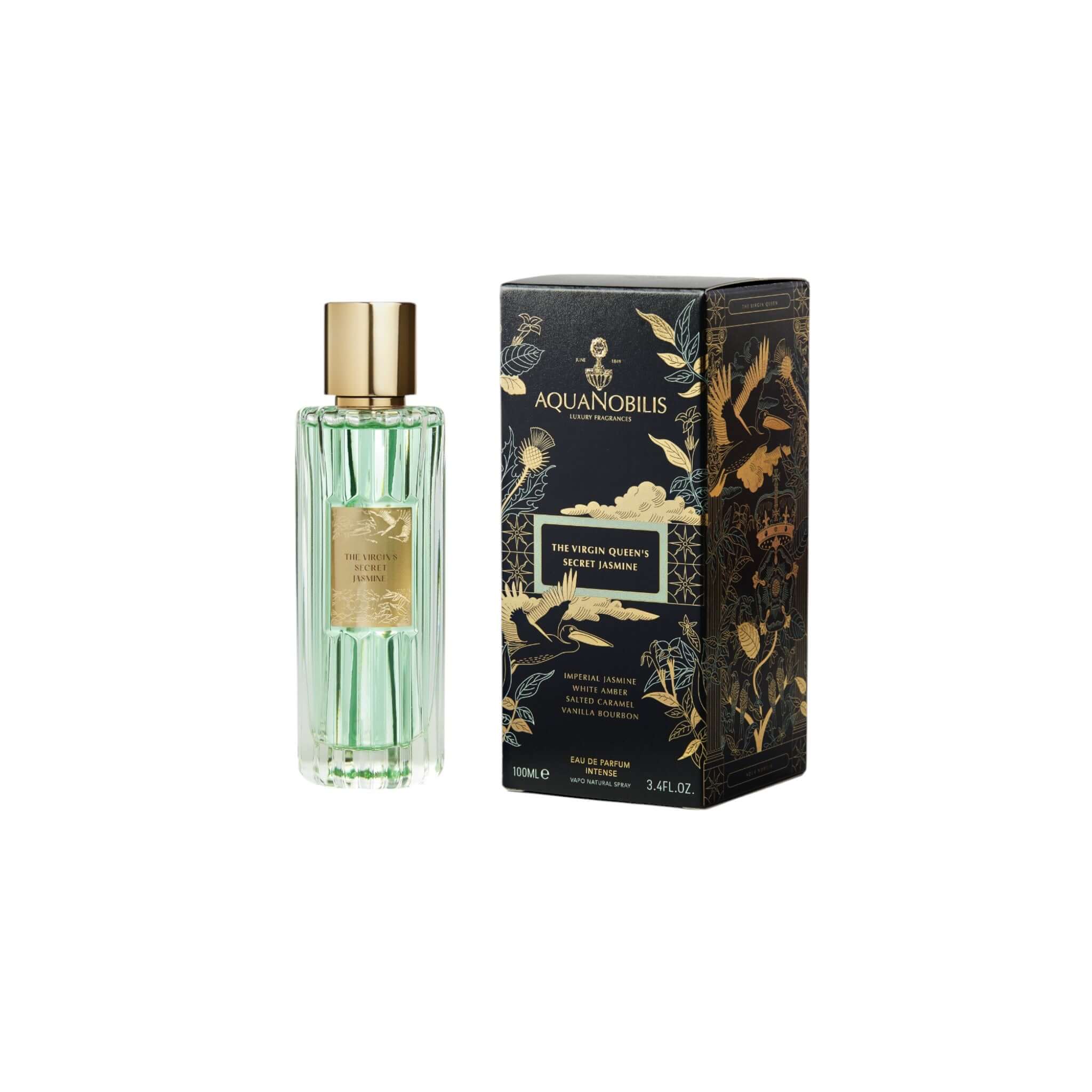 The Virgin’s Secret Jasmine perfume bottle with elegant packaging showcasing floral and amber design.
