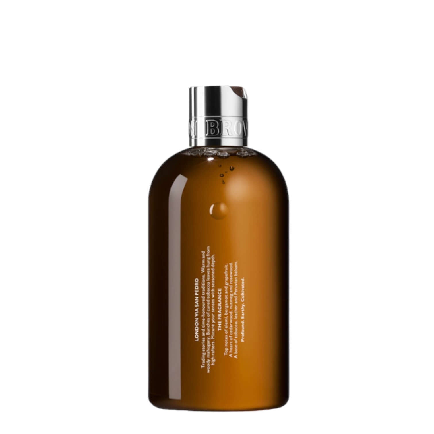 Bottiglia di gel doccia Tobacco Absolute con formula sofisticata e profumo di tabacco e pompelmo.
