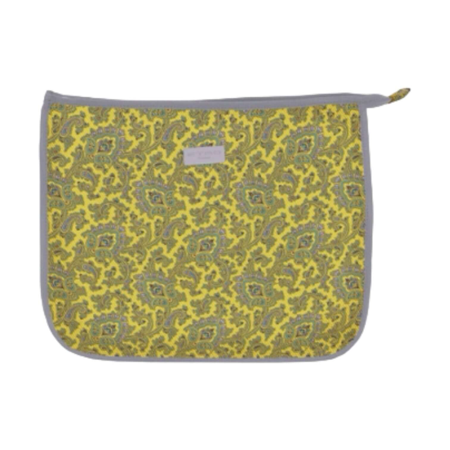 Trousse in nylon con fantasia gialla e grigia, chiusura zip e divisorio interno per un'organizzazione perfetta.