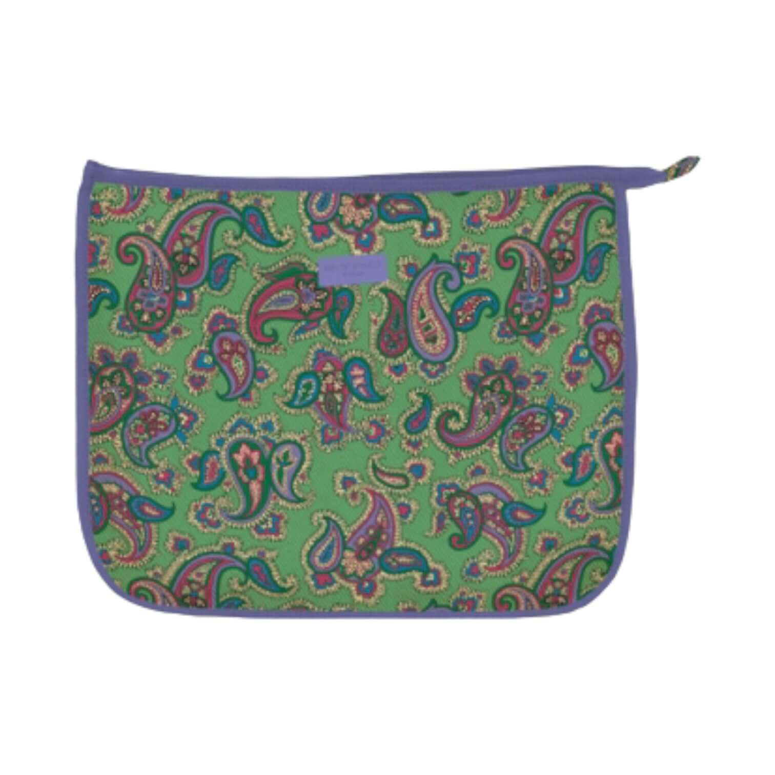 Trousse in nylon lavabile con fantasia paisley verde e zip, divisorio interno per organizzazione.