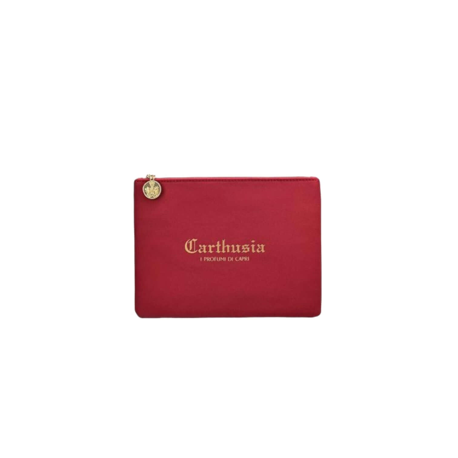 Carthusia luxurious red and gold gift pouch for personal care products, elegant and stylish design.