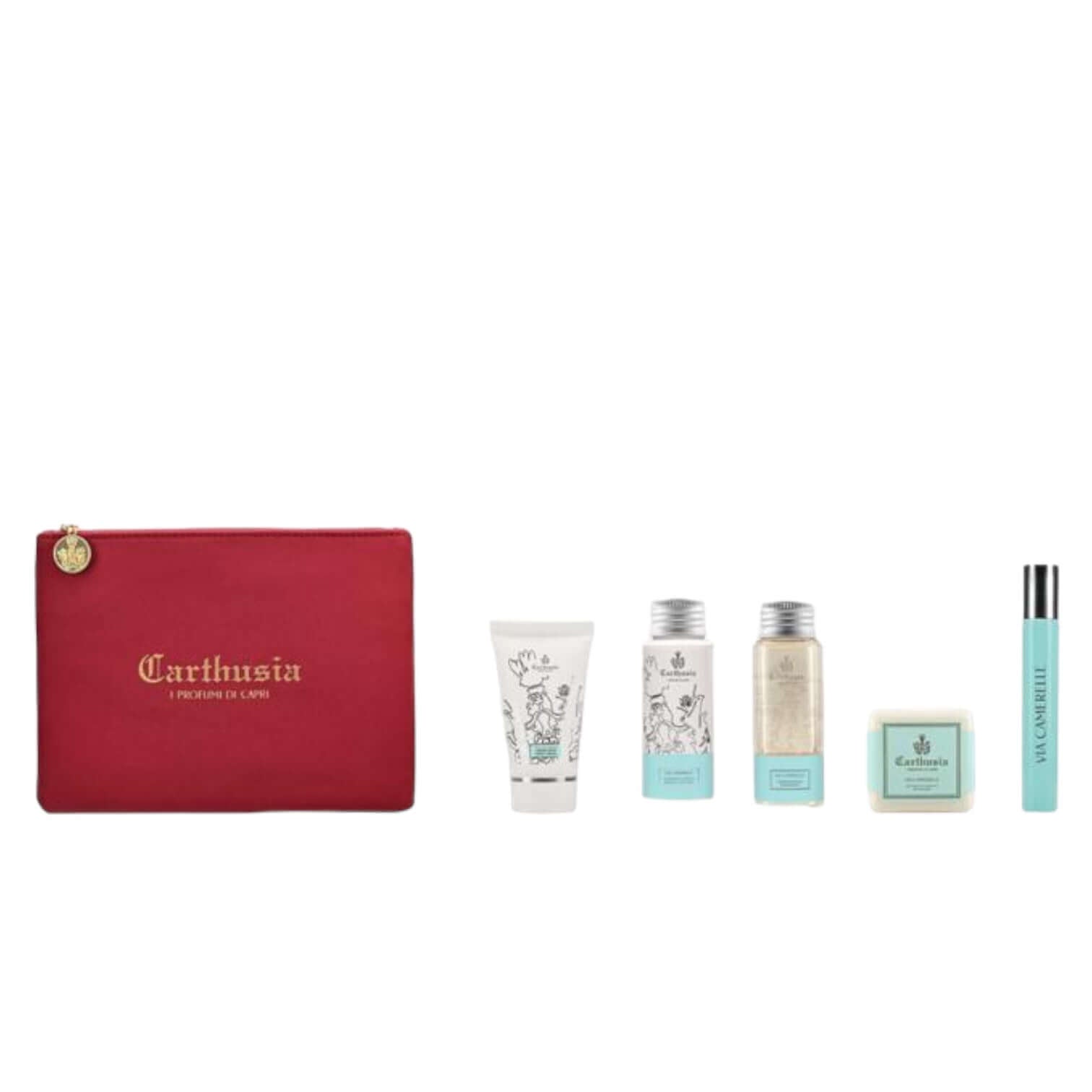 Via Camerelle kit in red and gold pouch with Eau de Parfum, body wash, body cream, hand cream, and bath soap.