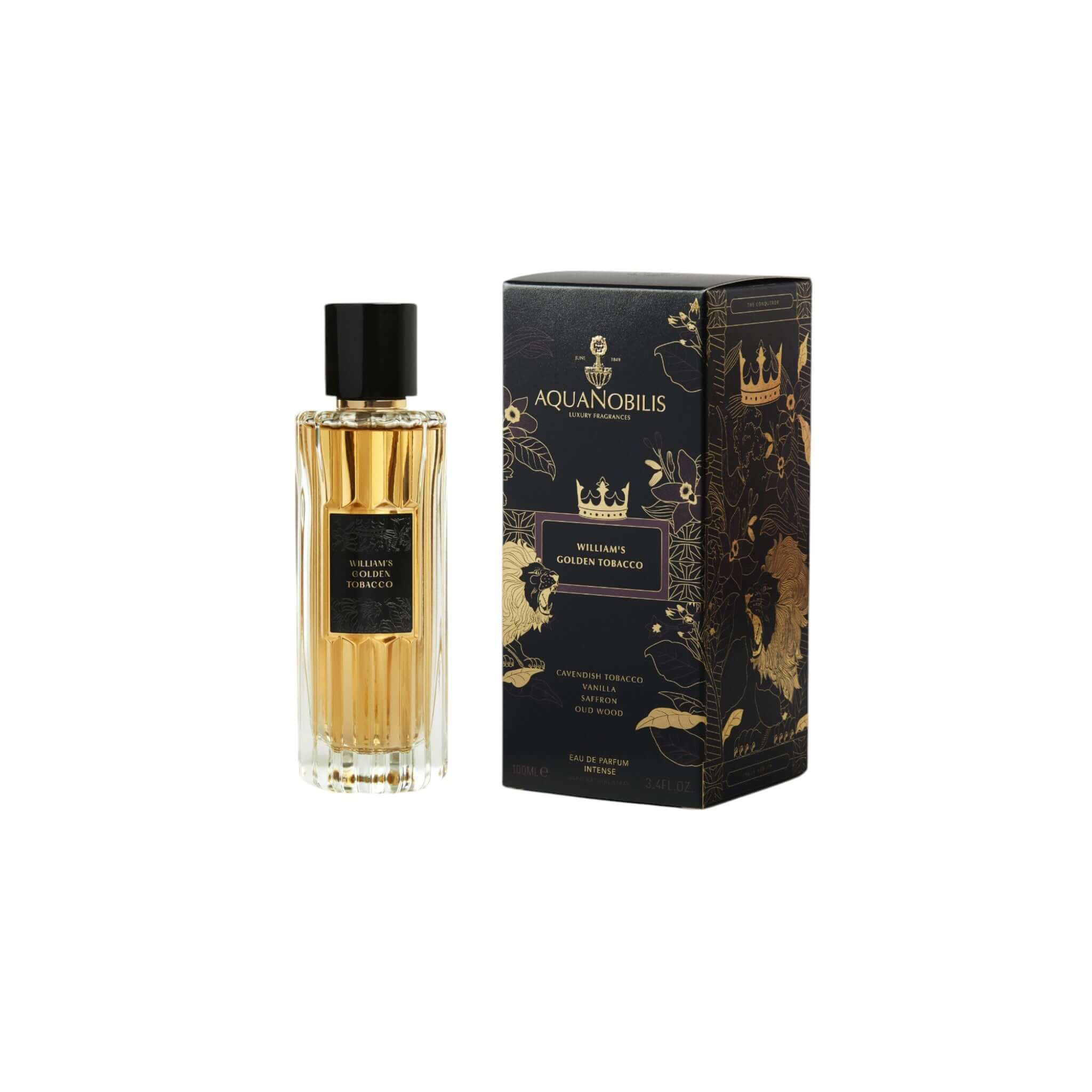 Bottle of William's Golden Tobacco fragrance by Aquanobilis with elegant packaging on display.