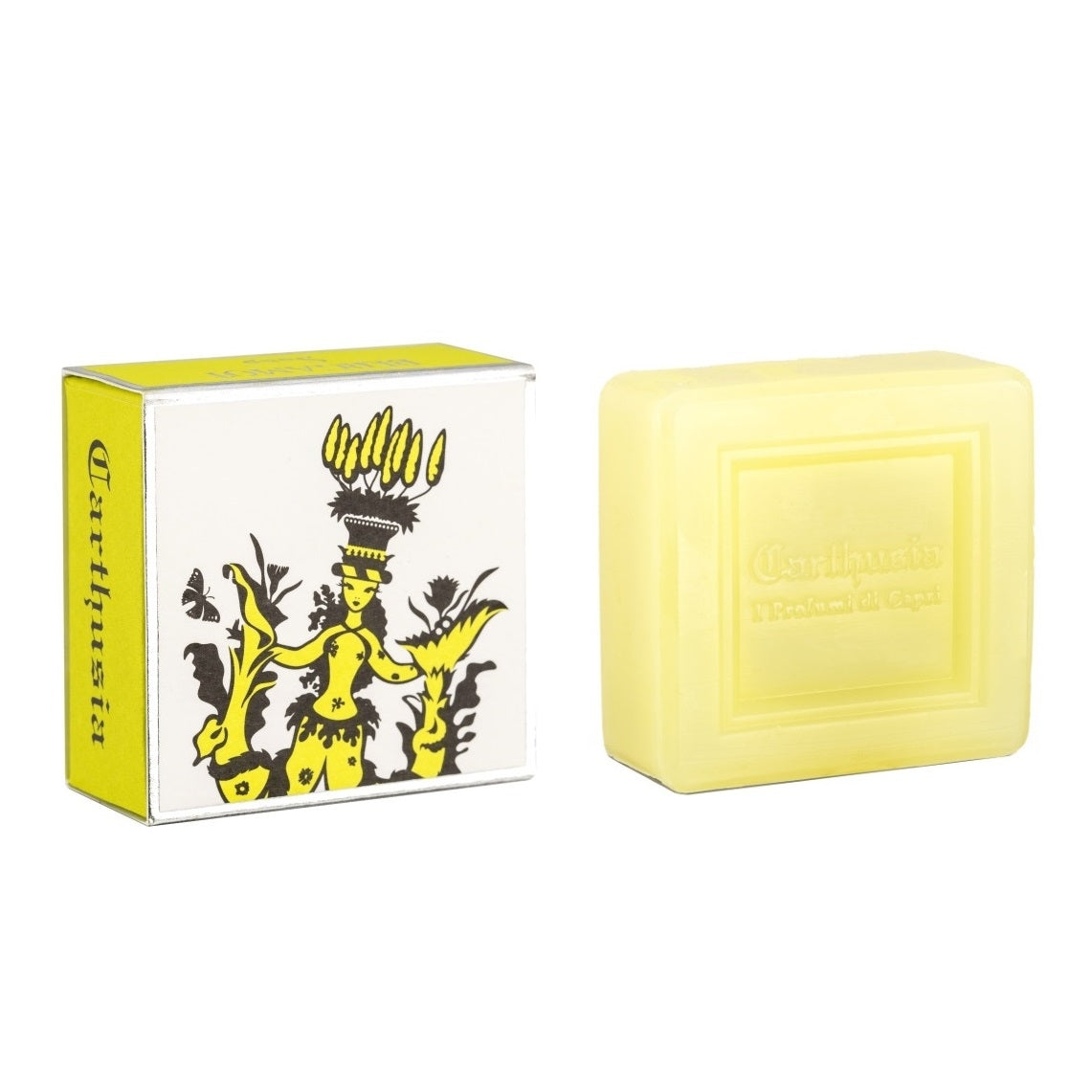 Glycerin soap with a citrus note, packaged in a vibrant box, featuring yellow color and artistic design, weighing 100g.