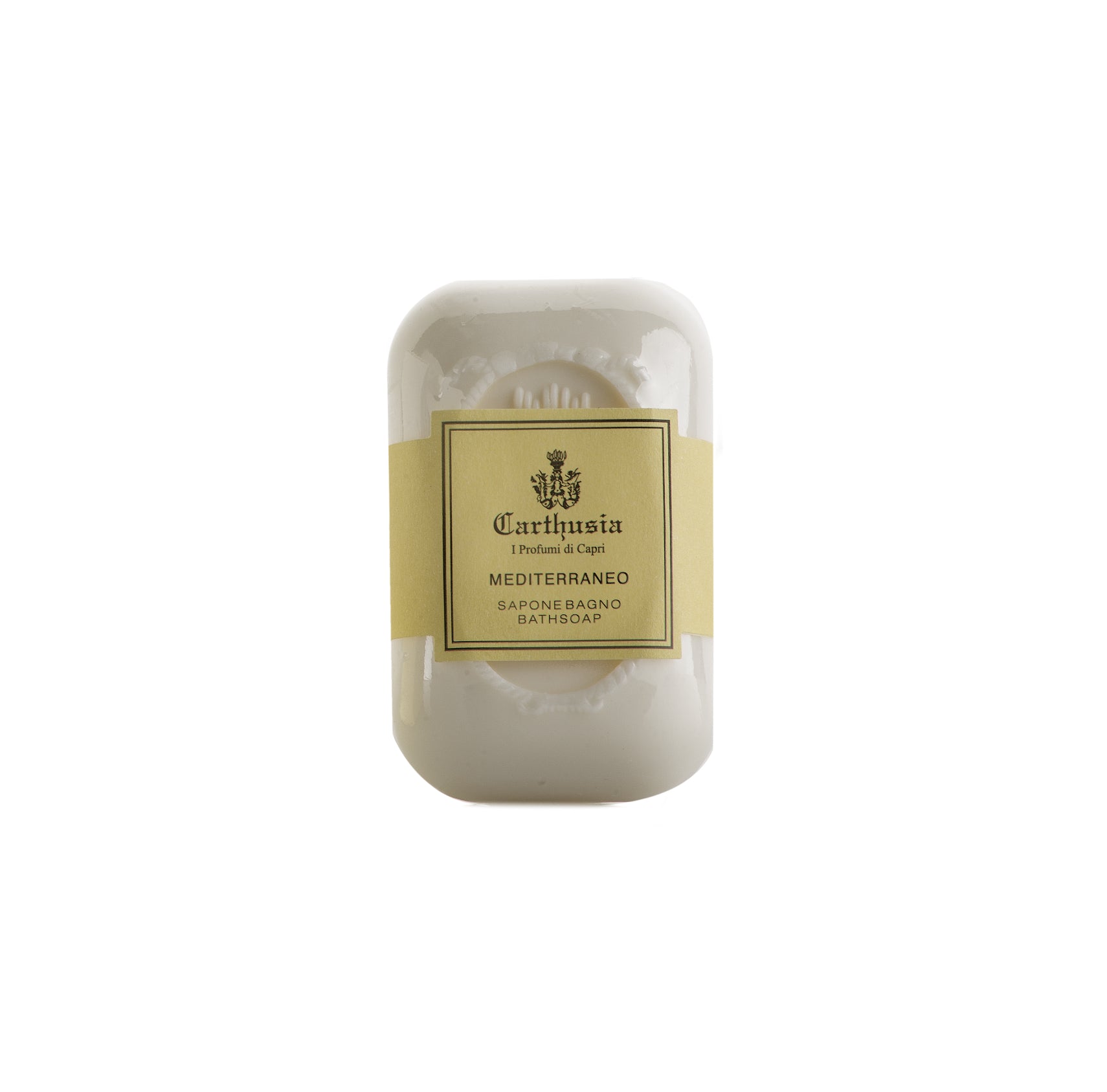 Mediterraneo Sapone by Carthusia, natural bath soap, 125g, colorful and fragrant, ideal for facial and skin cleansing.