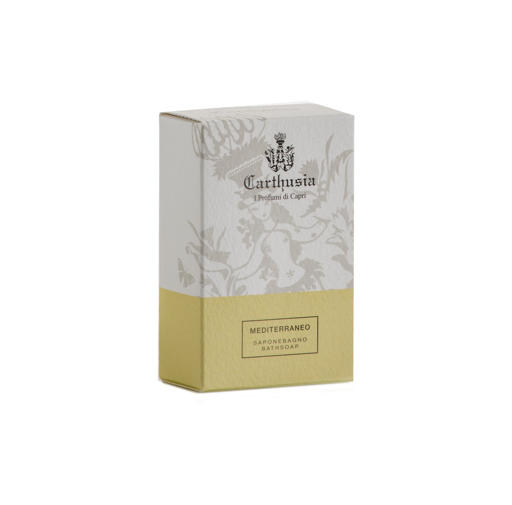 Carthusia Mediterraneo soap packaging featuring elegant design, made with pure natural ingredients for facial and body cleansing.