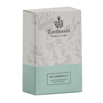 Via Camerelle Carthusia bath soap packaging, featuring natural ingredients and elegant design.