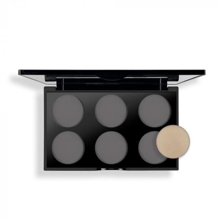 Palette componibile con sei posti per refill ombretti e blush, specchio, interno plexiglas nero, anti graffio.