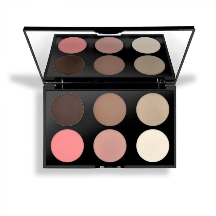 Palette componibile con 6 refill eyeshadow e blush, specchio e design anti graffio, dimensioni 16x10x1.4 cm.