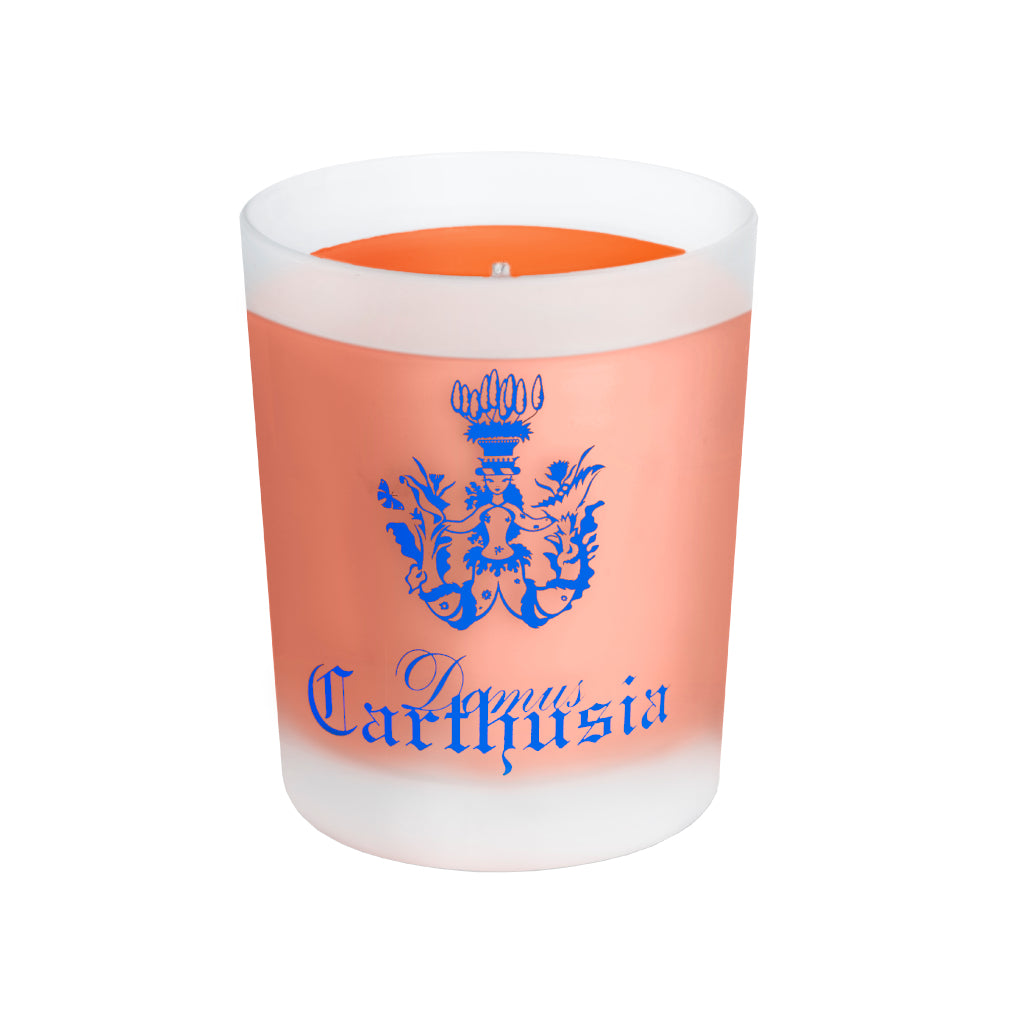 Corallium Candela in a sandblasted glass holder with Carthusia logo, ideal for home fragrance, 190g.