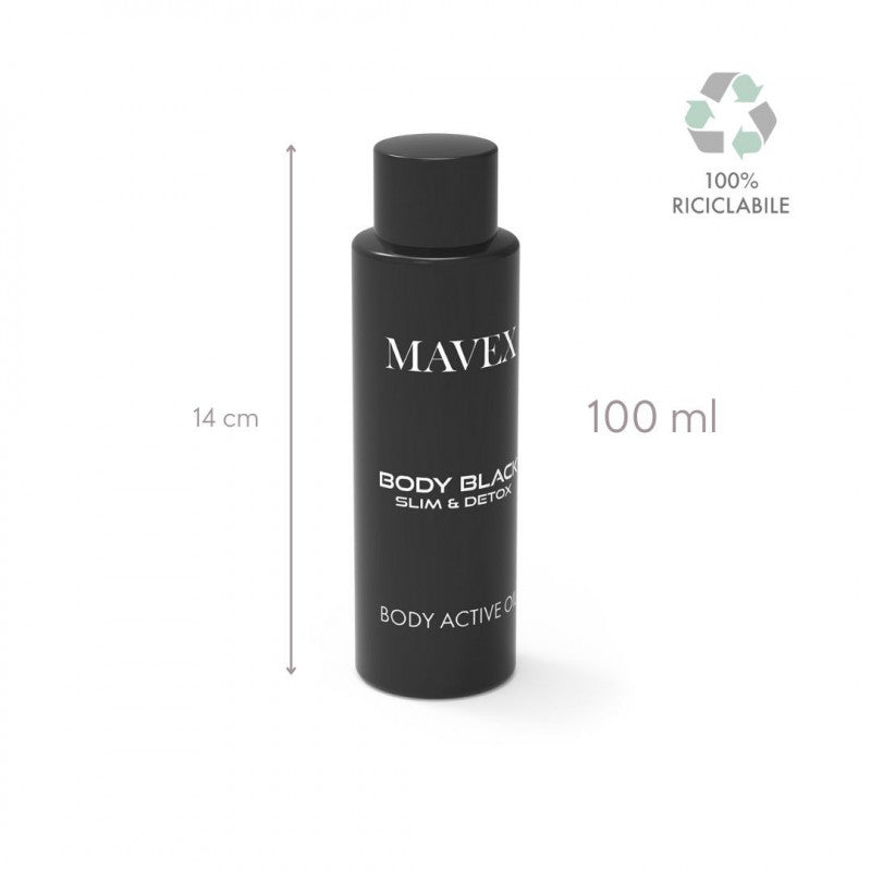 MAVEX Body Black Slim & Detox 100 ml body oil in a sleek black bottle, promoting detoxification and skin elasticity.