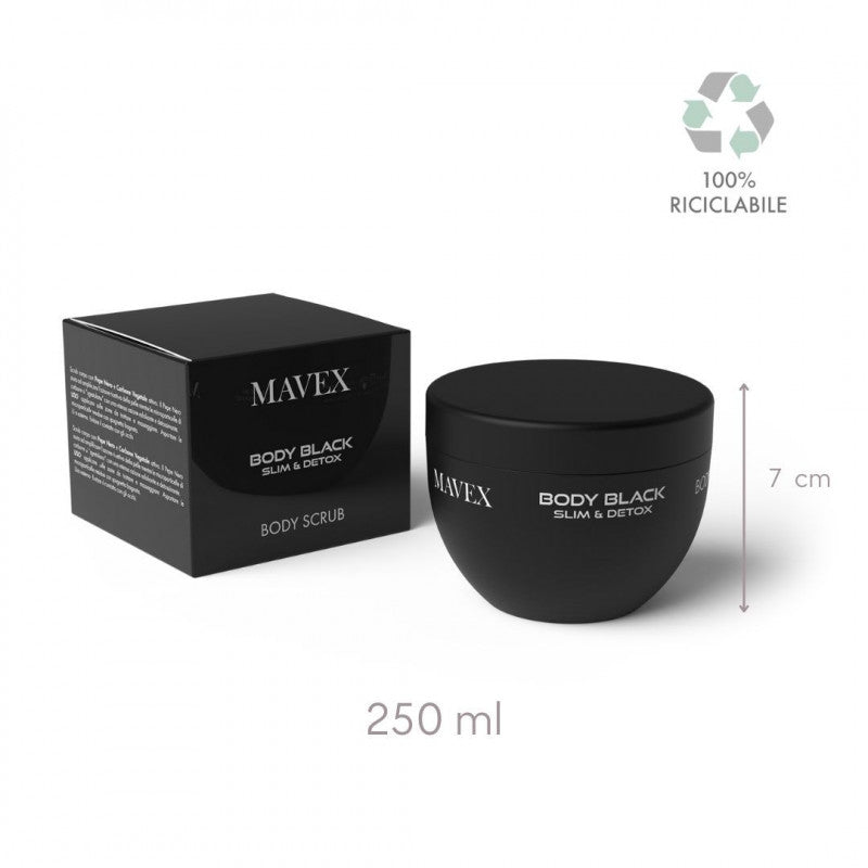 Mavex Body Black Scrub 250 ml, triple action exfoliating and detoxifying body treatment in sleek packaging.