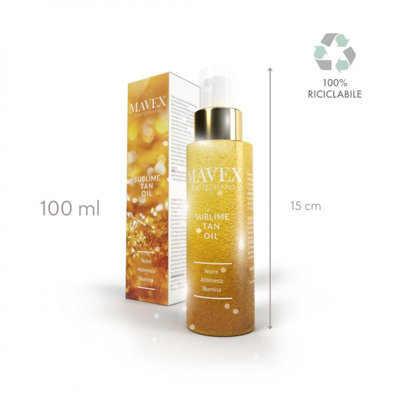 Sublime Tan Oil 100 ml by Mavex, a natural tanning oil for face, body, and hair with a radiant finish.