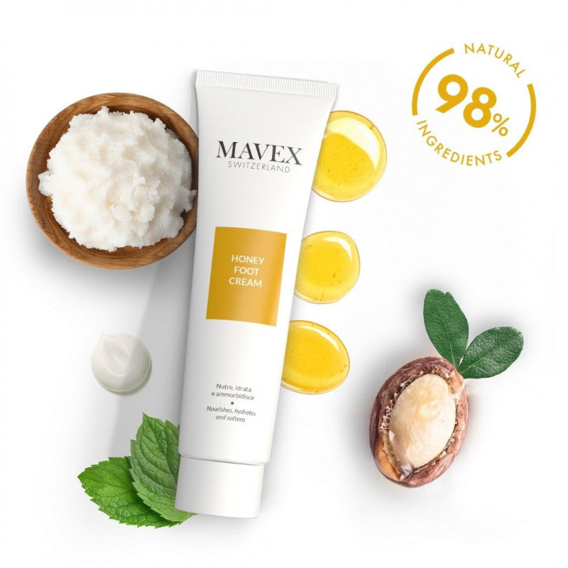 Mavex Honey Foot Cream with natural ingredients, nourishing for dry, cracked feet, presented with sesame oil and mint leaves.