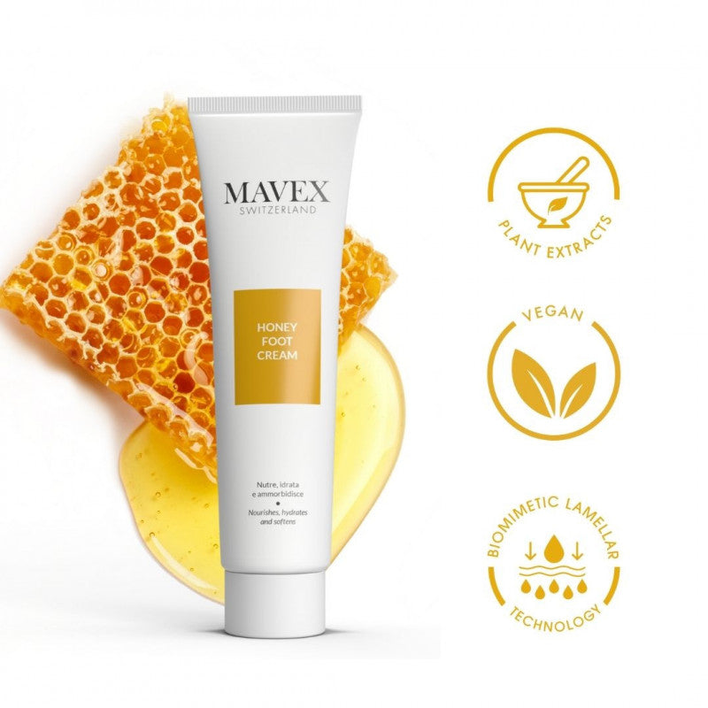 Honey Foot Cream by MAVEX with honeycomb, vegan, plant extracts, and biomimetic technology for soft, hydrated feet.