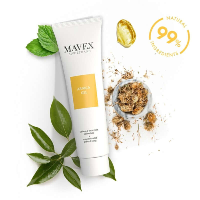 Mavex Arnica Gel tube with natural ingredients, ideal for soothing bruises and muscle pain.