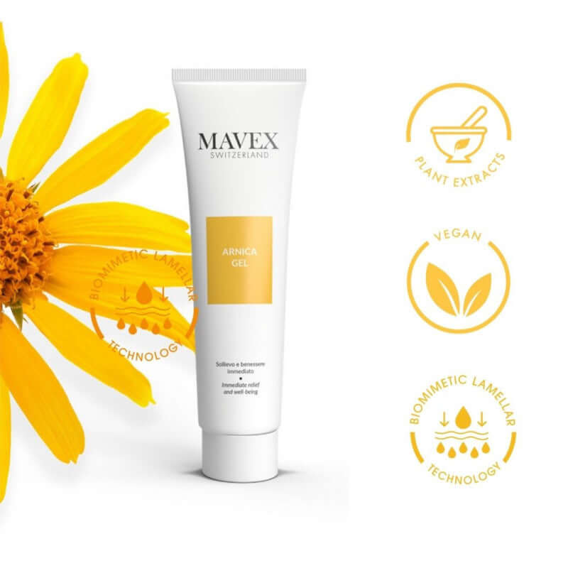 Mavex Arnica Gel tube with yellow flower, featuring plant extracts and vegan biomimetic technology.