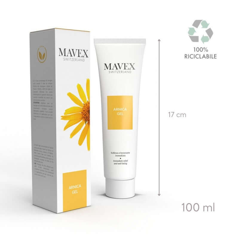 Mavex Switzerland Arnica Gel 100 ml in recyclable packaging, soothing gel for bruises and muscle pain.
