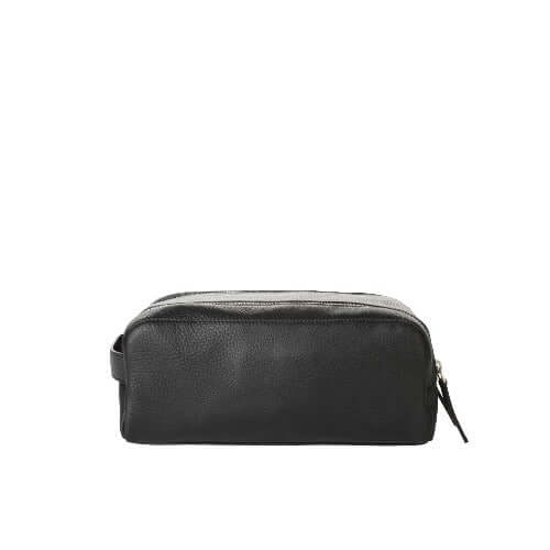 Beauty Case Micron in Pelle, black, 26cm wide, made in Italy, featuring two zip compartments and eco-friendly nylon lining.