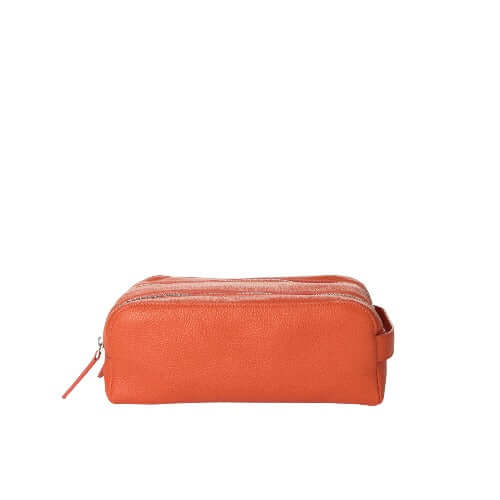 Beauty Case Micron in Pelle, orange leather cosmetic bag with two zip compartments and eco-friendly nylon lining.