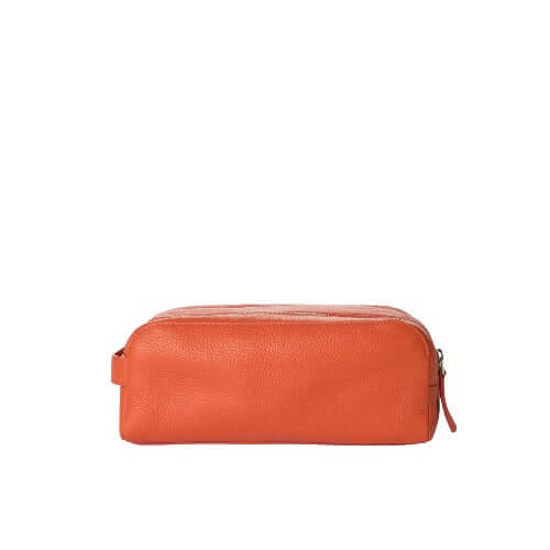 Beauty Case Micron in Pelle, orange leather cosmetic case, 26x11x15cm, zip closure, made in Italy, eco-friendly material.