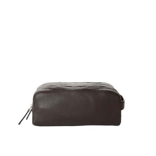 Beauty Case Micron in Pelle, dark leather, 26x11x15cm, two zip compartments, made in Italy.