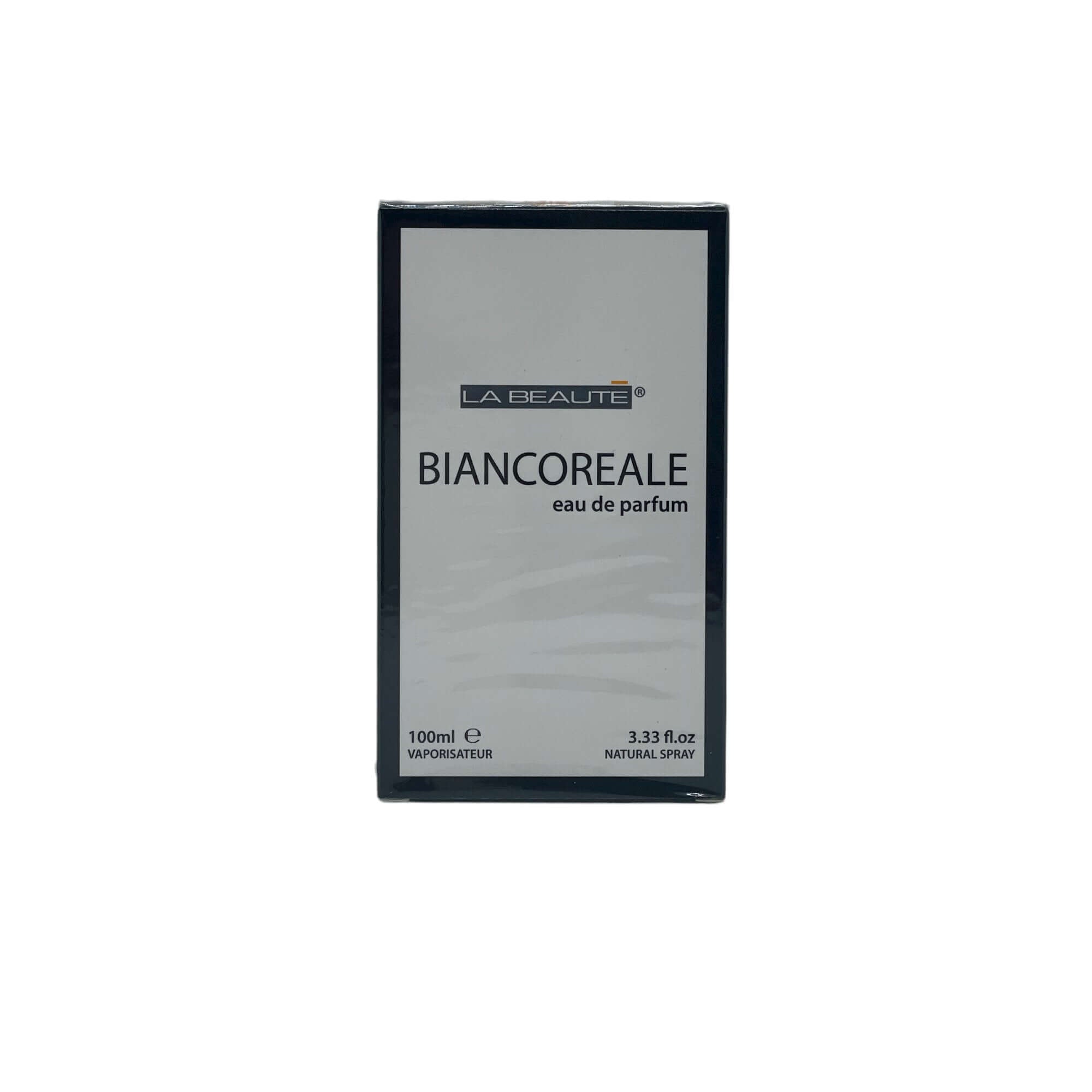 Biancoreale perfume box for men and women, 100ml, featuring woody and spicy notes of amber and pink pepper.
