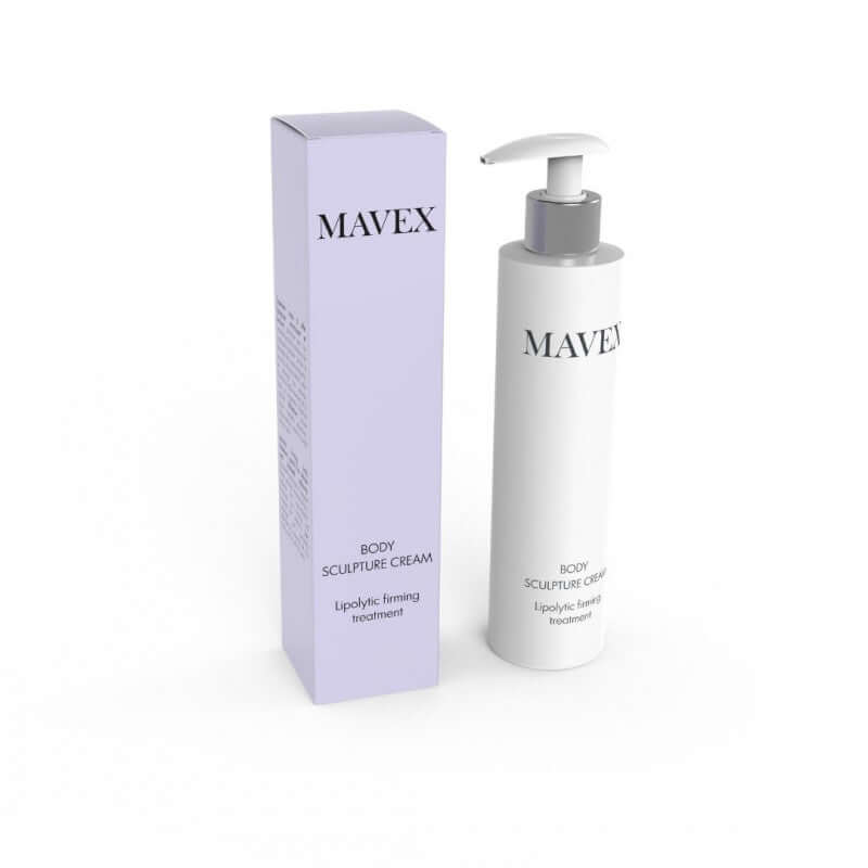 Mavex Body Sculpture Cream in packaging, a triple-action anticellulite cream for toning and draining.