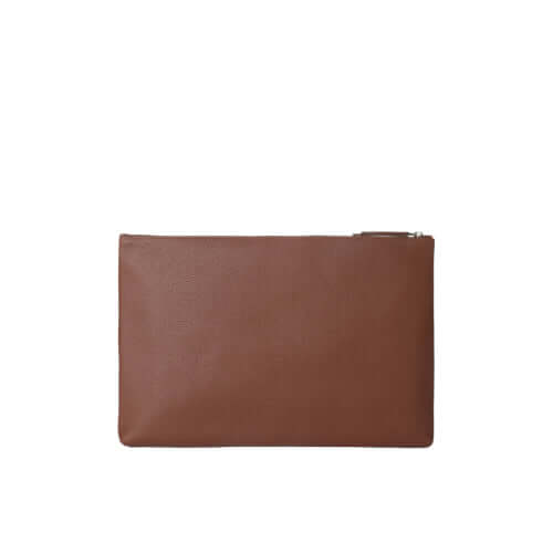 Borsa a mano portadocumenti in pelle marrone, chiusura zip, dimensioni 37x25x2.5 cm, finitura palladio, Made in Italy.