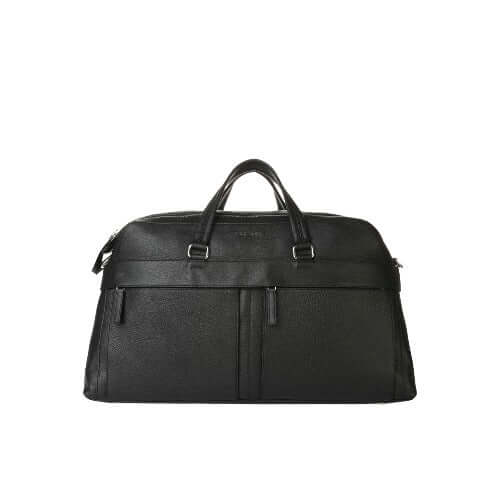 Borsone da viaggio in pelle nera con tracolla, chiusura zip e tasche esterne, made in Italy.