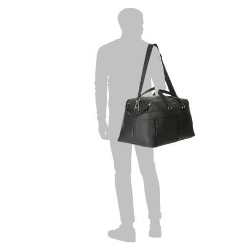 Borsone da viaggio in pelle nera con tracolla, dimensioni: 56x30x29 cm, made in Italy, dettagli palladio.