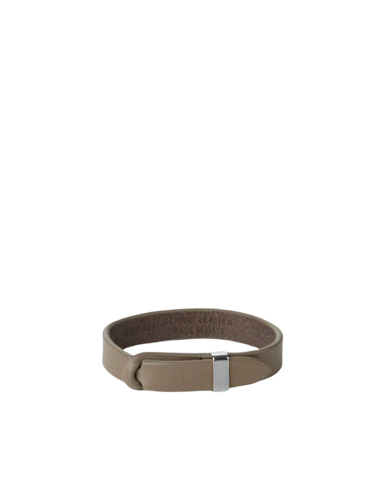 Bracciale Nobuckle Bull taupe in cuoio con dettaglio argento lucido, made in Italy, elegante e raffinato.