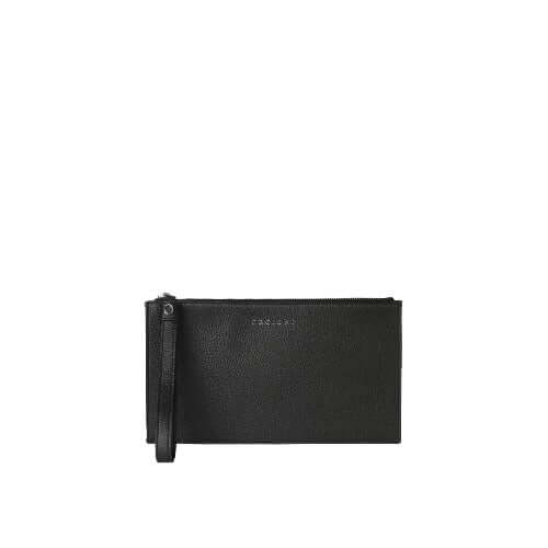Busta in pelle nera con polsiera, chiusura zip e finiture eleganti, perfetta per stile e funzionalità.