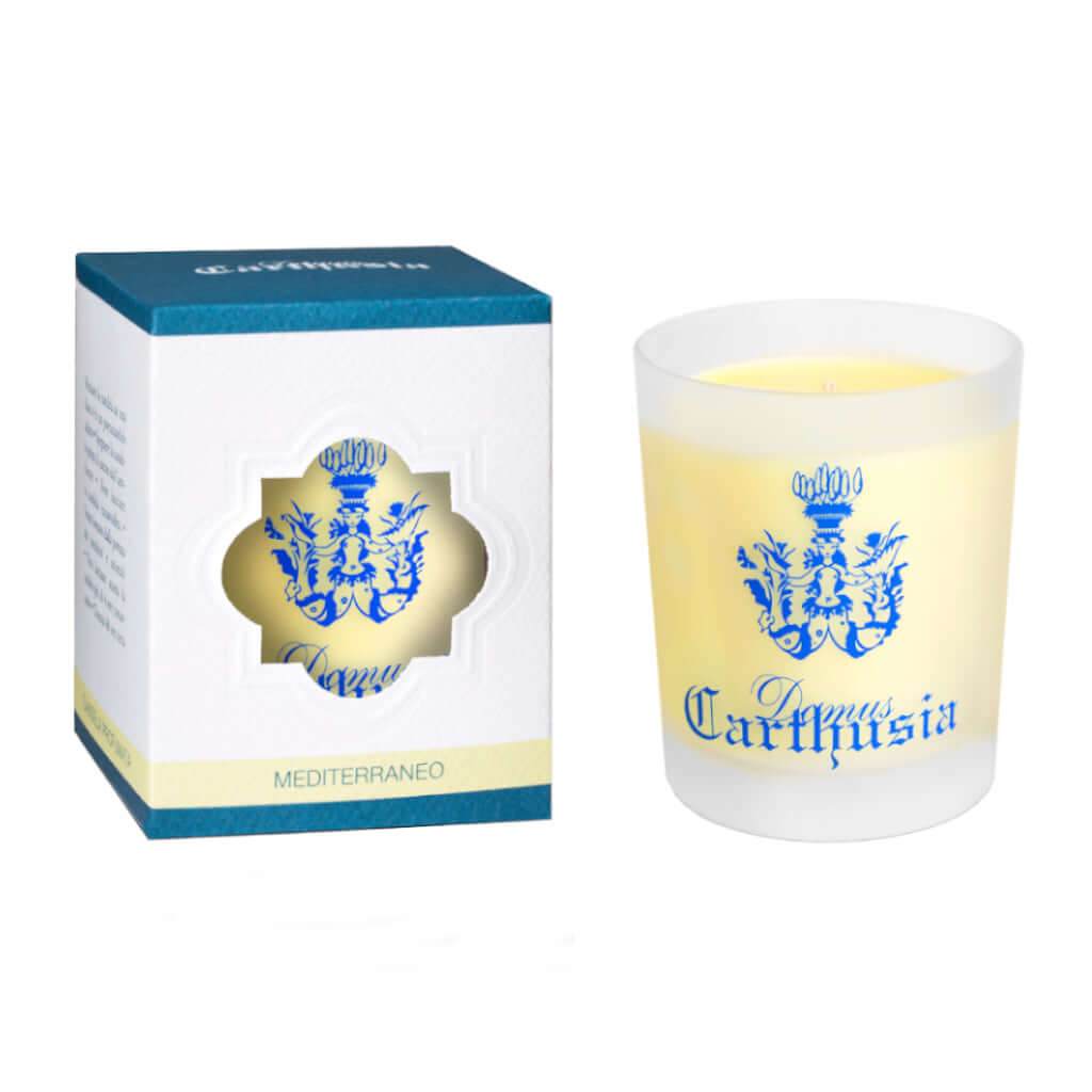 Candle Mediterraneo in frosted glass by Carthusia, packaged in a decorative box, perfect for home fragrance.
