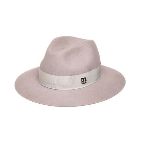 Cappello Indy grigio chiaro in lana con nastro grigio e logo nero, misura L, 8,5 cm di falda, prodotto artigianale.