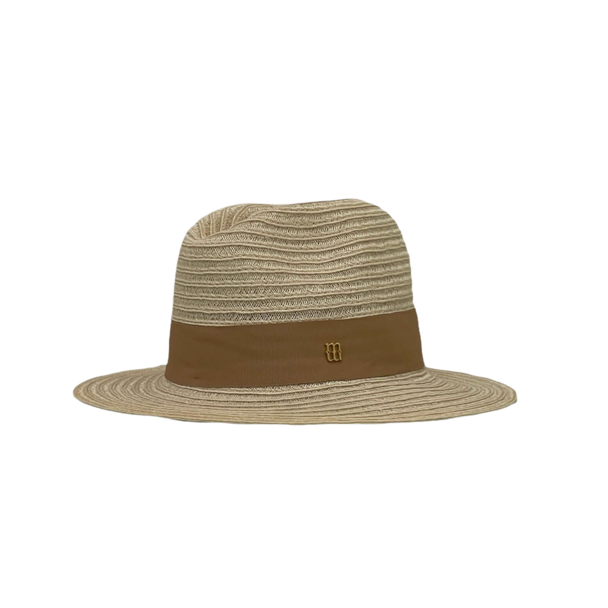 Cappello Righe Beige in paglia italiana con nastro gros-grain beige e logo dorato, taglia 56, prodotto artigianale.