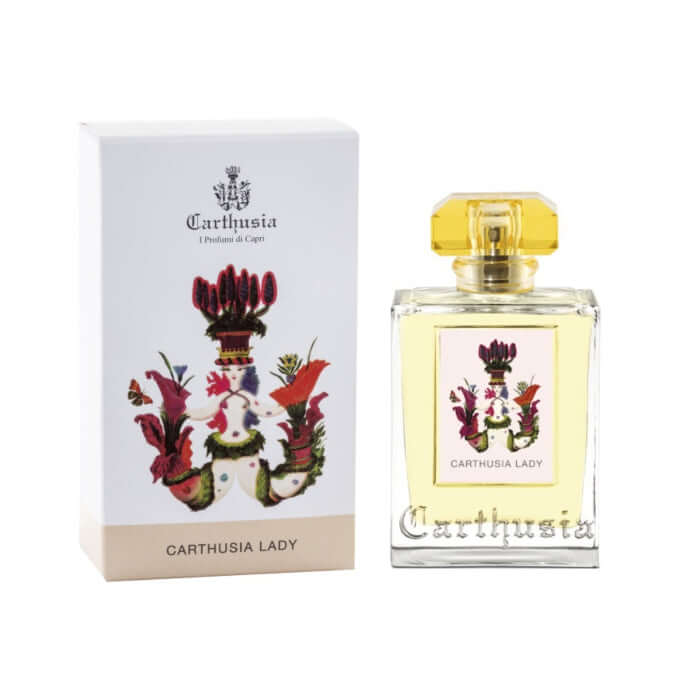 Carthusia Lady Eau De Parfum 100ml in elegant bottle with floral design, featuring rose and gardenia notes.