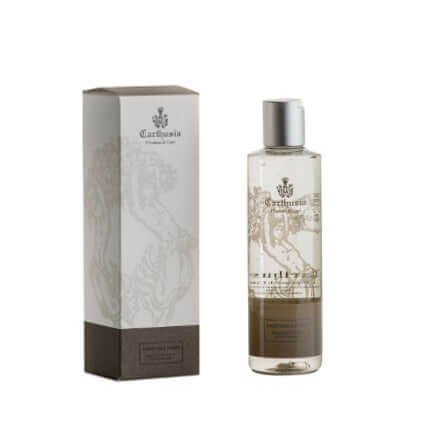 Carthusia Uomo Bagno Schiuma 250ml, fragranza fresca ed elegante con note di mare, frutta e cuoio russo.