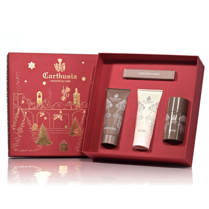 Carthusia Uomo Via Krupp Kit in beautifully designed red and gold gift box for Christmas with Eau de Parfum, deodorant, and shaving fluid.