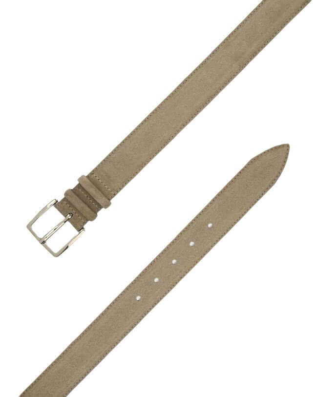 Cintura Amalfi Fango in suede, 3.5 cm wide, double-pass buckle, polished nickel finish, made in Italy.