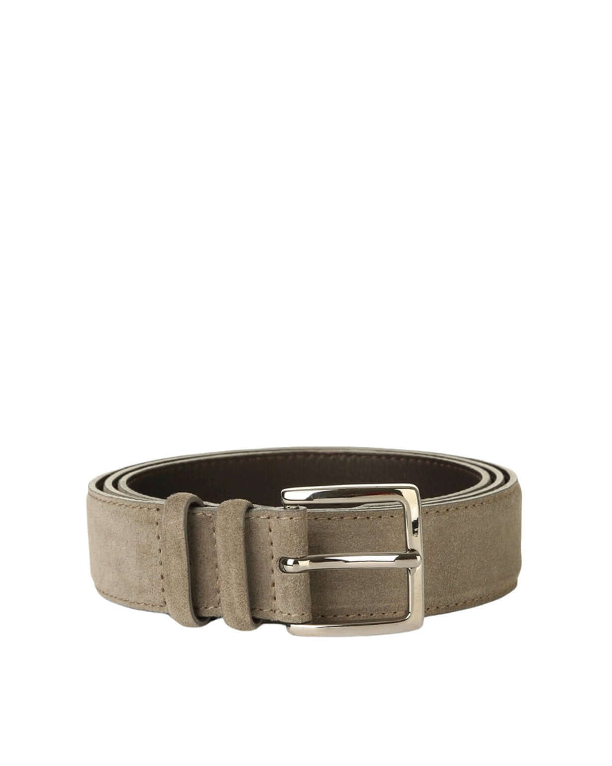 Cintura Amalfi Fango: 3.5 cm suede belt with double loop and shiny nickel buckle, made in Italy.