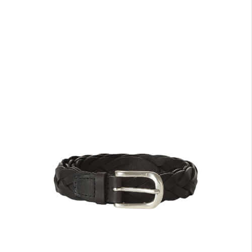 Cintura Cardiff in cuoio nero con fibbia finitura argento, intreccio in cuoio Made in Italy, altezza 2,5 cm.