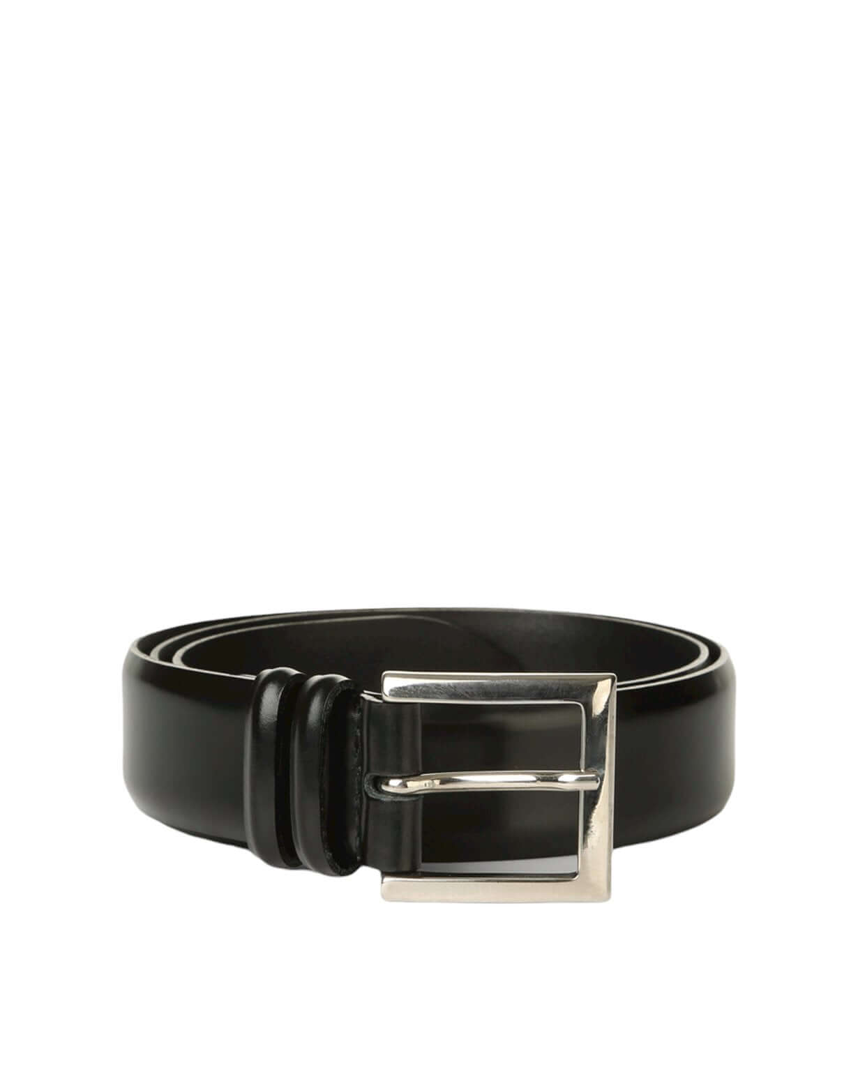 Cintura classica in pelle nera con fibbia elegante in nichel, finitura opaca, design sofisticato.
