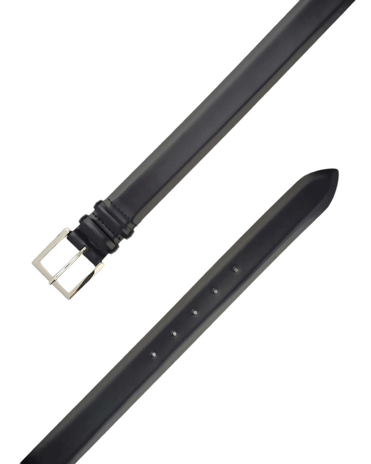 Black calfskin belt with elegant nickel buckle and multiple holes for adjustment.