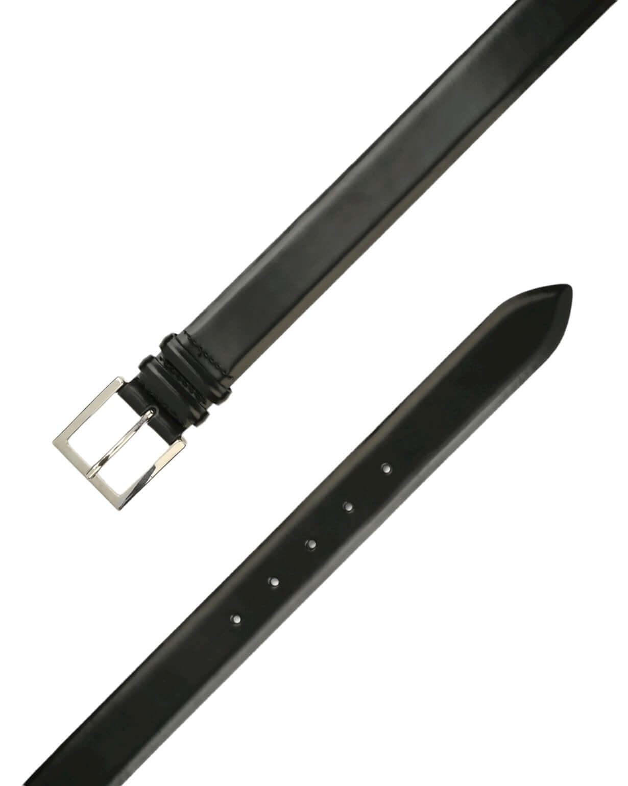 Cintura classica in pelle vitello nero con fibbia in nichel e doppio passante, elegante e sofisticata.